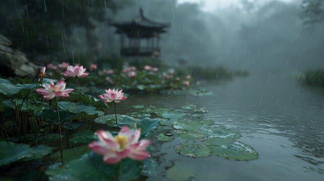 Lotus garden under gentle rain, soft ripples on the pond