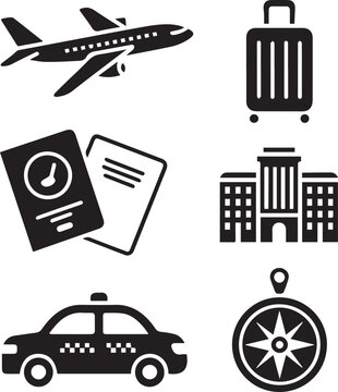 Travel and Vacation Minimalist Silhouette Icon Set - Plane, Luggage, Hotel, Taxi, Compass, and Passport Symbols