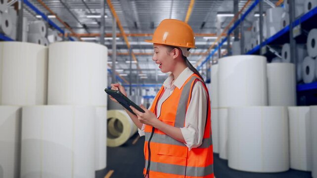 Side View Of Asian Female Engineer With Safety Helmet Taking Note On The Tablet And Looking Around While Standing at Warehouse with Rows of Stacked White Polymer and Paper Rolls