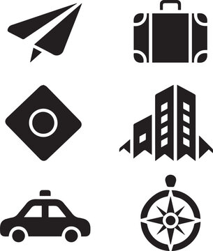 Minimalist Travel and Tourism Vector Icon Set - Solid Black Silhouette Symbols
