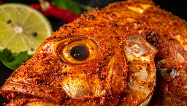 Roasted red snapper head. Close-up of seasoned grilled fish with aromatic spices and crispy golden skin texture.