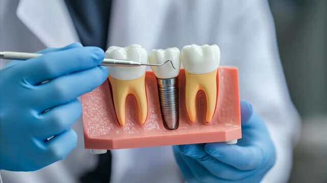 Dentist in blue gloves explaining a dental implant model with a tool, showing tooth structure and restorative dentistry technique footage