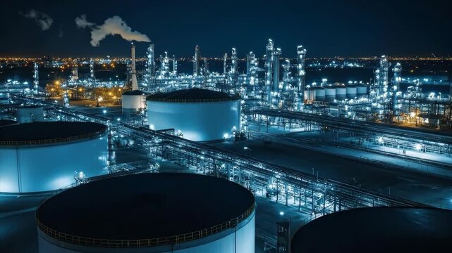 Industrial chemical plant factory with fuel storage tank and oil refinery manufacturing at night, aerial footage