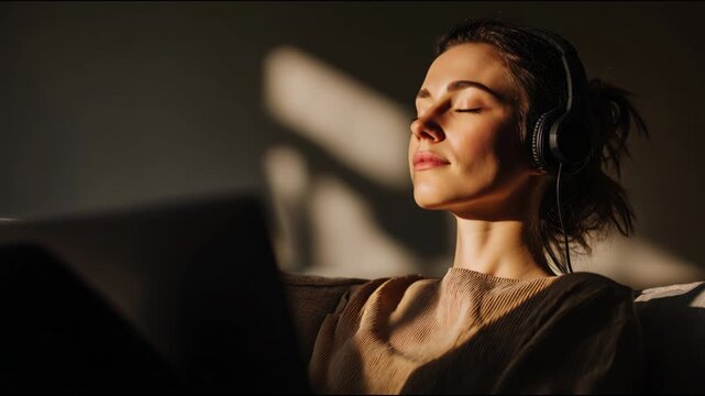 Young woman with closed eyes enjoying music in headphones while sitting in warm sunlight at home