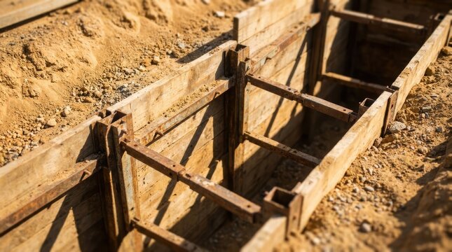 A deep construction trench dug in sandy soil, reinforced with wooden planks and metal braces to prevent collapse.
