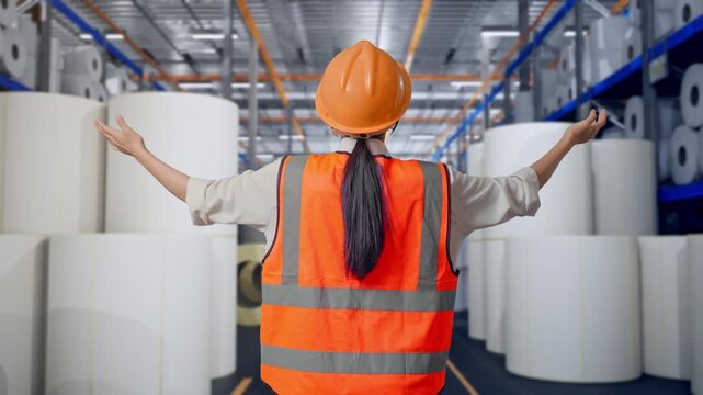 Back View Of A Female Engineer With Safety Helmet Spreading Arms While Standing at Warehouse with Rows of Stacked White Polymer and Paper Rolls