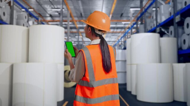 Back View Of Asian Female Engineer With Safety Helmet Working On A Green Screen Smartphone And Looking Around at Warehouse with Rows of Stacked White Polymer and Paper Rolls