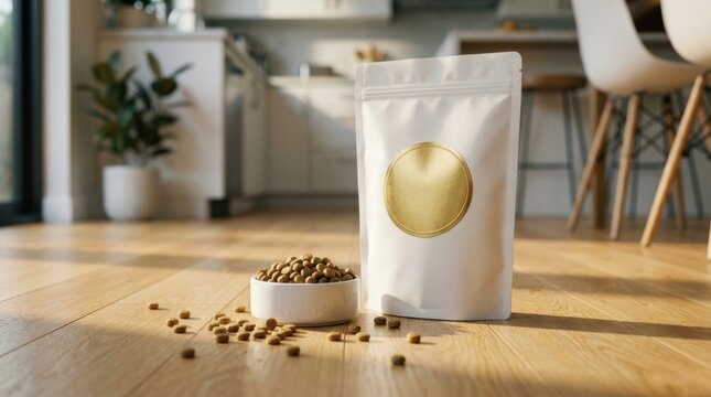 A white pouch of dry pet food stands next to a bowl filled with kibble, bathed in sunlight on a wooden floor in a modern kitchen.