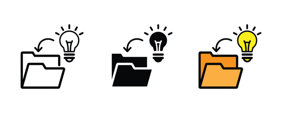 Creative idea folder storage and knowledge management icon set. Light bulb insight documentation, business innovation filing, and digital project brainstorming symbol.