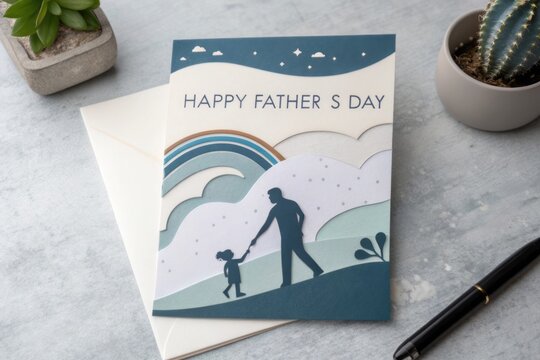 Handmade Father's Day Card with Paper Cut Design and Silhouette of Father and Child