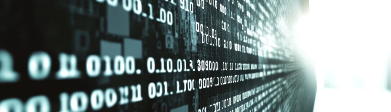 Digital binary code displayed on computer screen representing data and programming concepts.
