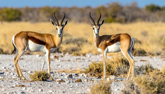 Two slender, elegant springboks stand alert in a dry, savanna landscape, facing forward