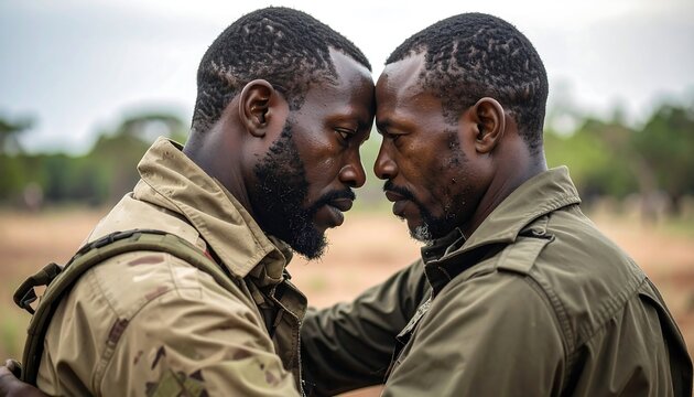 Two men, face to face, one with camo shirt,  touching foreheads outdoors, demonstrating affection or deep connection