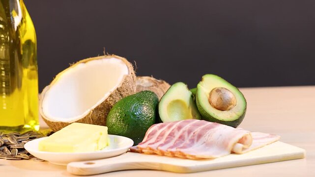 Healthy ketogenic diet food collection with avocado butter coconut oil and nuts for low carb high fat nutrition.
