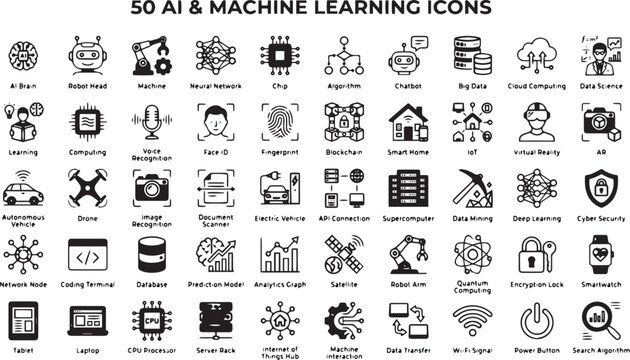Collection of 50 ai and machine learning icons in black and white on white background