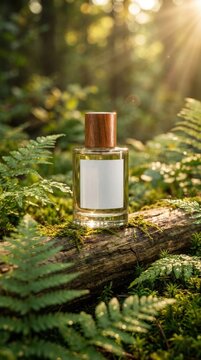 A clear glass perfume bottle with a wooden cap sits on a moss-covered log, surrounded by ferns and dappled sunlight.