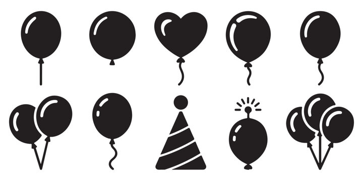 Set of black silhouette balloons and party hat icons for celebration and festive design
