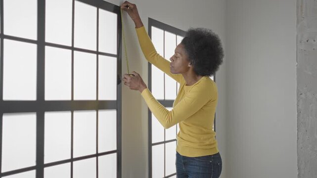 Woman measuring a tall grid window with a tape measure in studio, wearing yellow sweater and jeans; concentration renovation.
