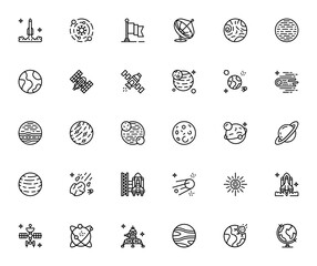Space icon set. Vector illustration of rocket, planet, satellite, solar system and more. Includes earth, mars, sun, moon, comet and meteorite. © wang