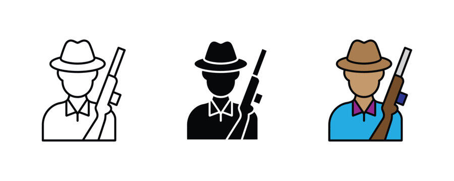Hunter with rifle and hat icon vector set. Forest ranger or gamekeeper character, outdoor shooting sport, and wildlife management symbol.