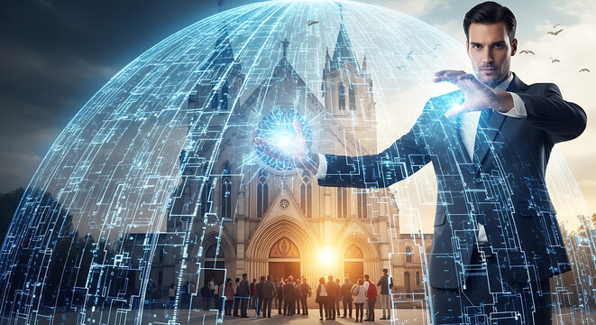 A spiritual guardian figure protecting a traditional church and its congregation with glowing digital light rays representing modern Christian faith and innovative technology for connection.