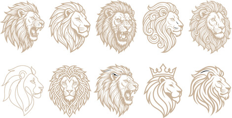 Lion head icons, gold line art, 10 profile portraits, royalty free vector graphics © Tamanna