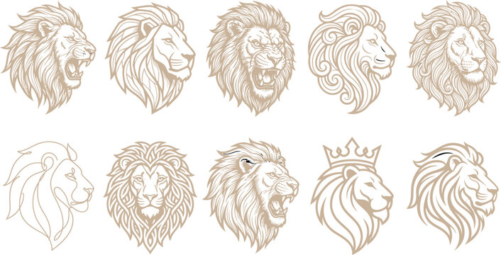 Lion head icons, gold line art, 10 profile portraits, royalty free vector graphics