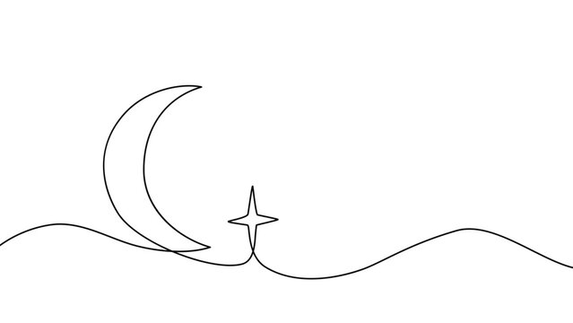 Continuous one line moon star sleep drawing eid outline illustrator. Moon star vector hand sky simple poster crescent twilight night single sketch cloud flag drawn abstract sign white design linear
