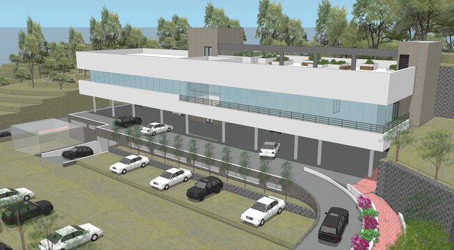 3d architectural rendering of a modern educational facility