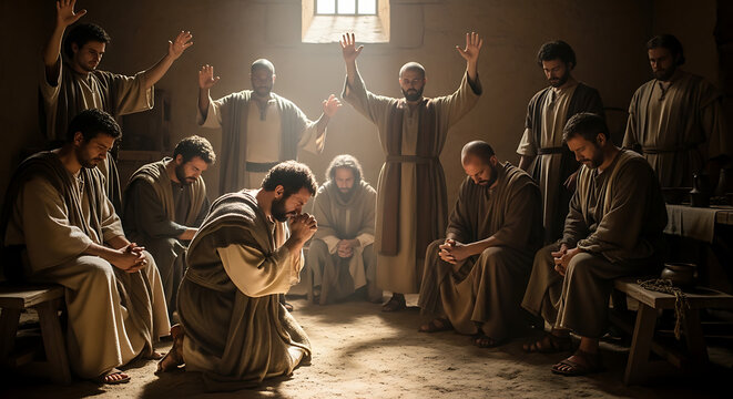 Devout bearded man praying among holy apostles during ancient biblical era early Christian worship assembly expressing profound spiritual faith and religious devotion in historical setting