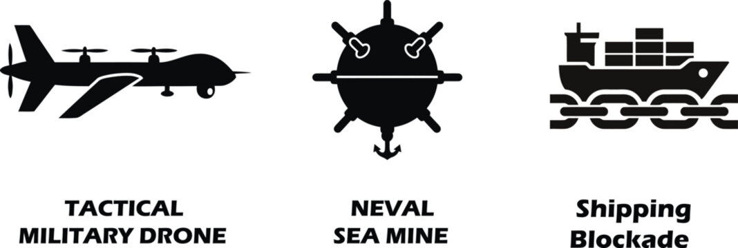 Global supply chain threat icons with naval mine and military drone set