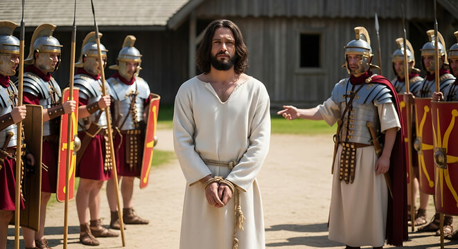 Solemn bearded male actor portraying Jesus Christ stands before Roman soldiers during a dramatic Passion Play trial scene for a Good Friday religious reenactment and theatrical performance.