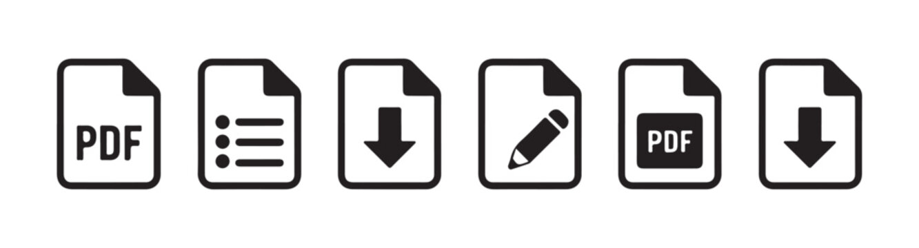 Set of six document icons including pdf file list download and edit symbols isolated on checkered background.