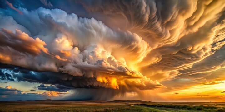 A Majestic Sunset Sky Displaying a Dramatic Cloud Formation Over a Serene Landscape