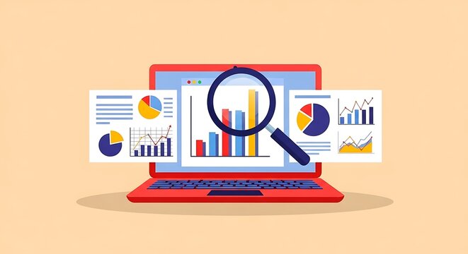 A graphic illustration of a laptop displaying colorful charts and graphs with a magnifying glass on top.