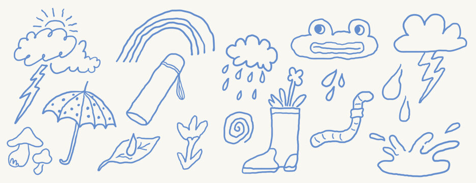 spring rainy set in hand drawn style in vector. Element for design advertisement mail posts poster print postcard banner decor backgrounds