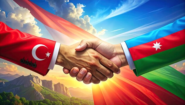 Two hands clasp in unity against flag backgrounds and a mountainous landscape bathed in bright sunlight