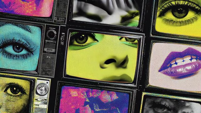 Close-up footage of a vintage TV set collage showing stylized eyes, lips, and face fragments in vibrant pop art colors, ideal for media, fashion, and retro design themes