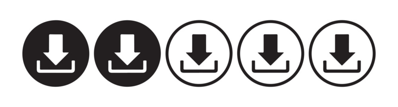 Set of black download icons in circle buttons for web design interface application and digital software systems.