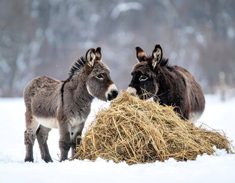 Two donkeys in snowy field