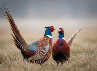 Fototapeta premium Two majestic ring necked pheasants display vibrant plumage in a natural field setting showcasing their striking colors and patterns