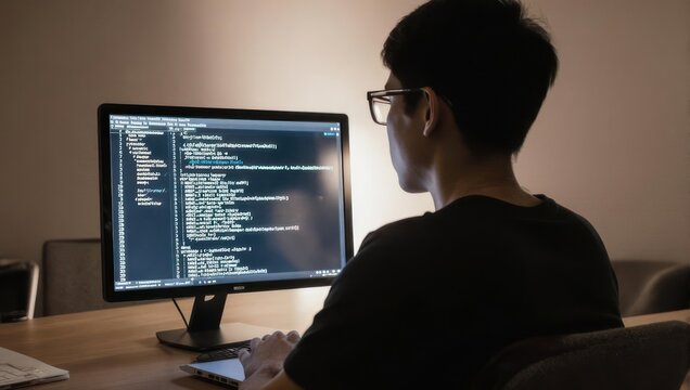 Young programmer focused on computer screen with lines of code.