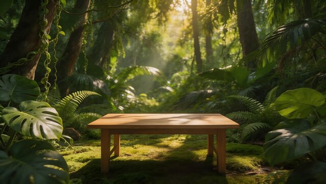 Wooden table in lush forest