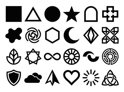 Collection of 24 Minimalist Geometric Shapes and Symbols. Black Vector Icons including Circle, Heart, Star, Infinity, and Shield for Modern Branding and Web Design Graphics.