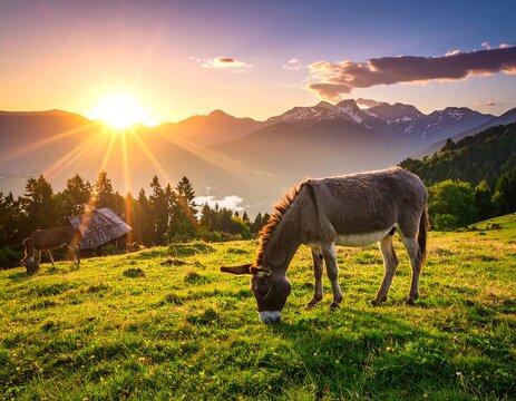 Two donkeys graze in lush meadow at sunset, with distant mountains and a rustic hut in a golden, scenic view