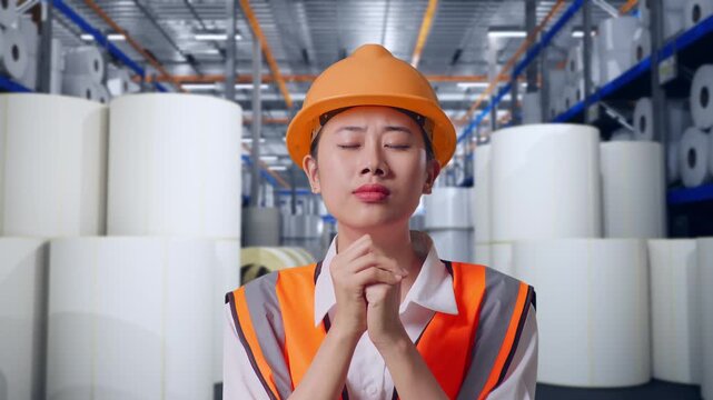 Close Up Of Asian Female Engineer With Safety Helmet Pray For Something While Standing at Warehouse with Rows of Stacked White Polymer and Paper Rolls