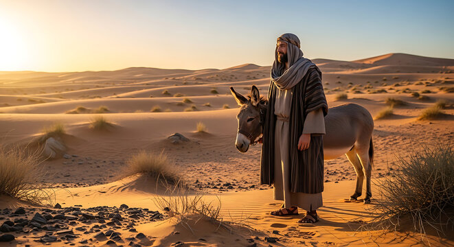 Ancient middle eastern nomad wearing traditional biblical robes standing beside a pack donkey in a dry arid desert landscape under bright sun for christianity and old testament historical scene.