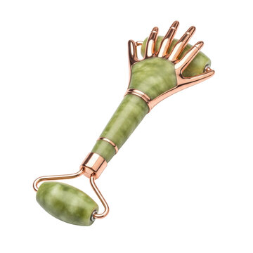 Green jade facial roller with rose gold hand shaped accent