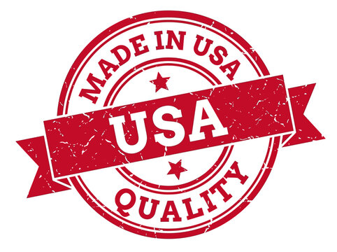Red Made in USA Quality Rubber Stamp. Distressed Vintage Seal for American Manufactured Products Isolated on White Background.