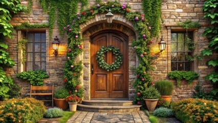 Fototapeta premium A charming stone house entrance, adorned with lush greenery, vibrant blooms, and a welcoming wreath on a rich wooden door, creates a picturesque and inviting scene.